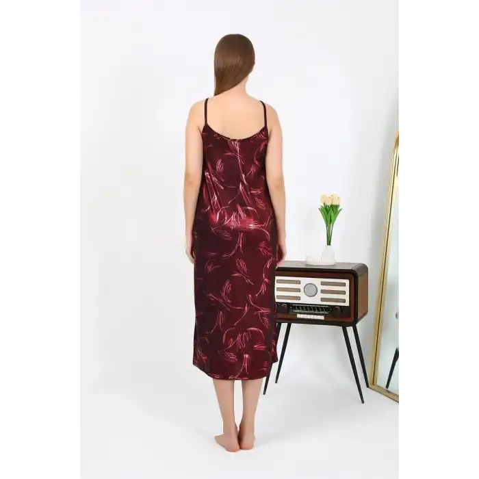 Kadın İp Askılı Uzun Parlak Micro Elbise Gecelik Bordo