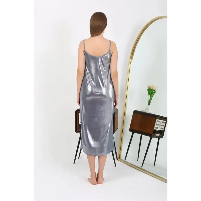 Kadın İp Askılı Uzun Parlak Micro Elbise Gecelik Gri