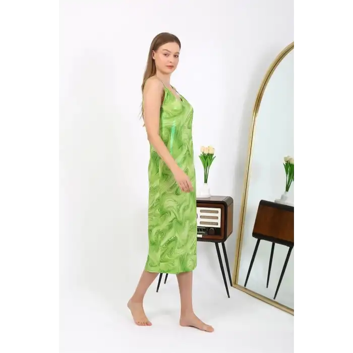 Kadın İp Askılı Uzun Parlak Micro Elbise Gecelik Yeşil