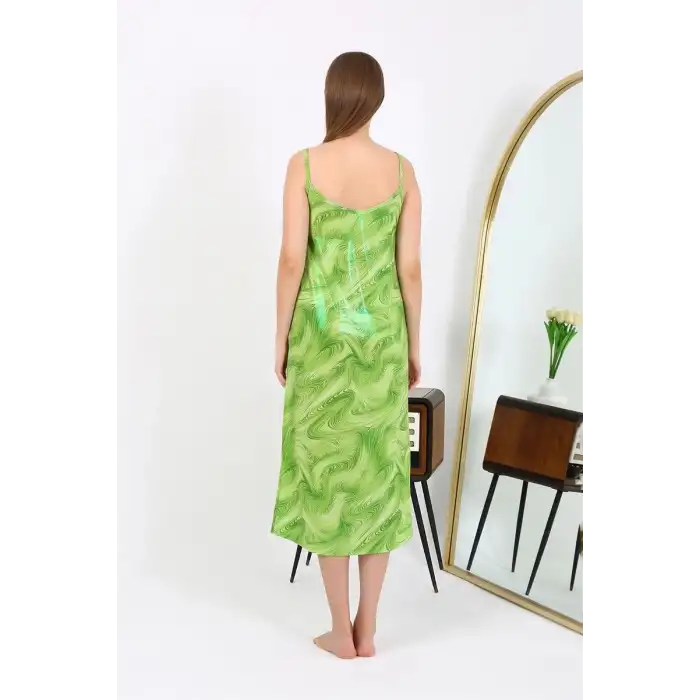 Kadın İp Askılı Uzun Parlak Micro Elbise Gecelik Yeşil