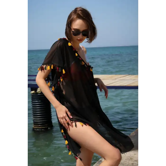Kadın İşlemeli Tunik Pareo Plaj Elbisesi Siyah