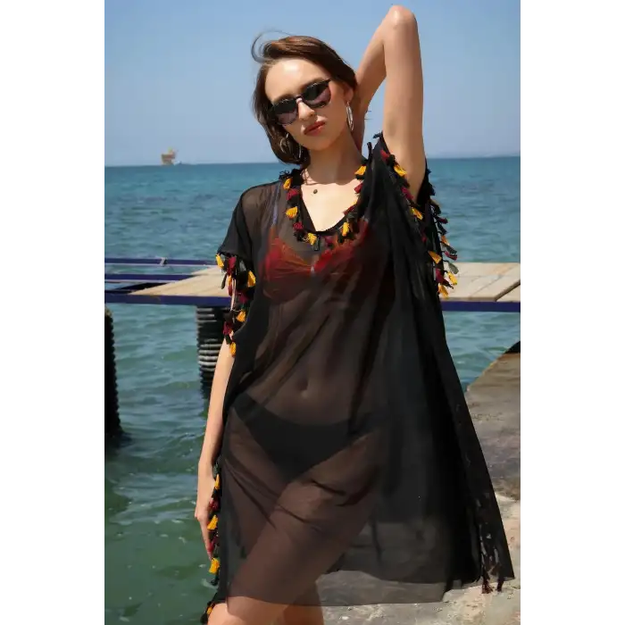 Kadın İşlemeli Tunik Pareo Plaj Elbisesi Siyah