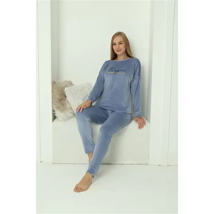 Kadın Kadife Mavi Pijama Takım