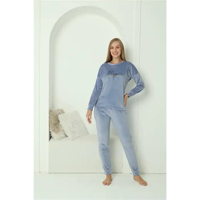 Kadın Kadife Mavi Pijama Takım