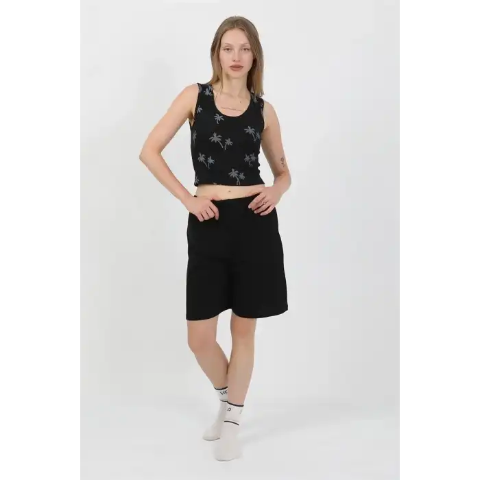 Kadın Kalın Askılı Pamuk Penye Şortlu Crop Takım Siyah