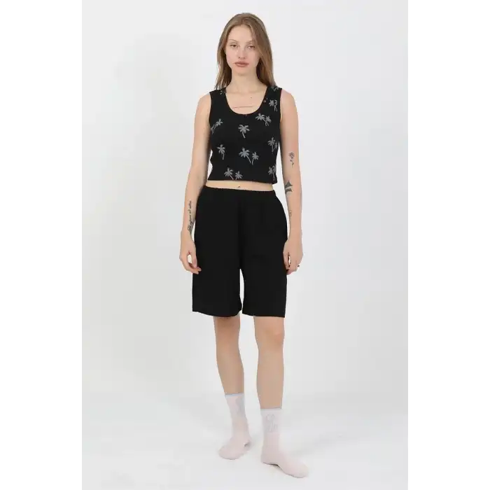 Kadın Kalın Askılı Pamuk Penye Şortlu Crop Takım Siyah