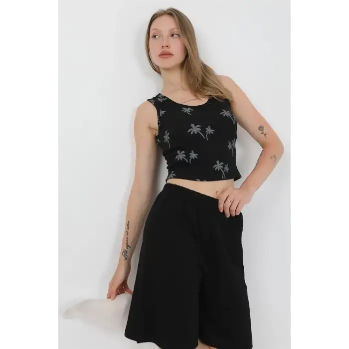 Kadın Kalın Askılı Pamuk Penye Şortlu Crop Takım Siyah