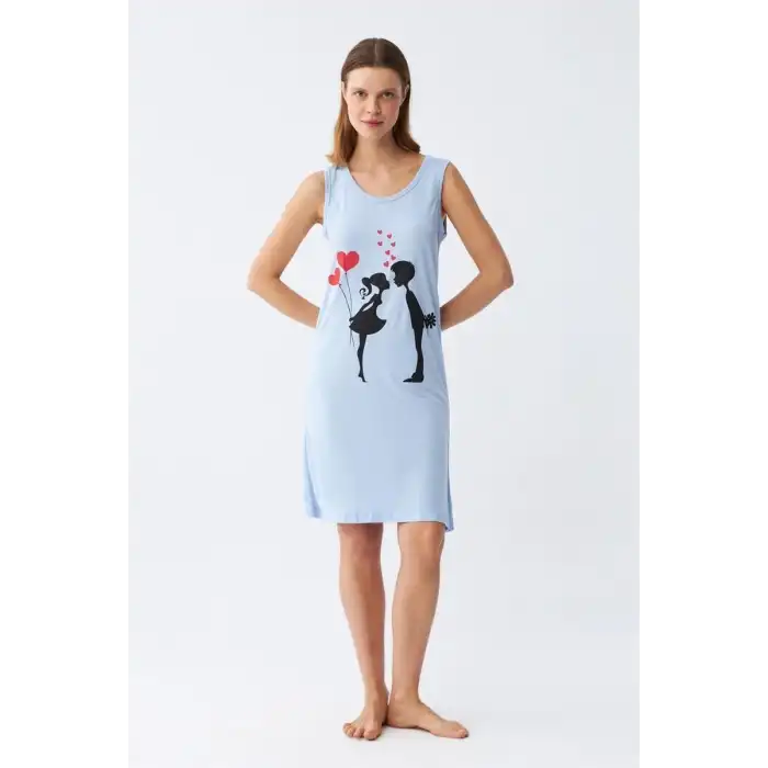 Kadın Kalın Askılı Penye Diz Üstü Mavi Gecelik