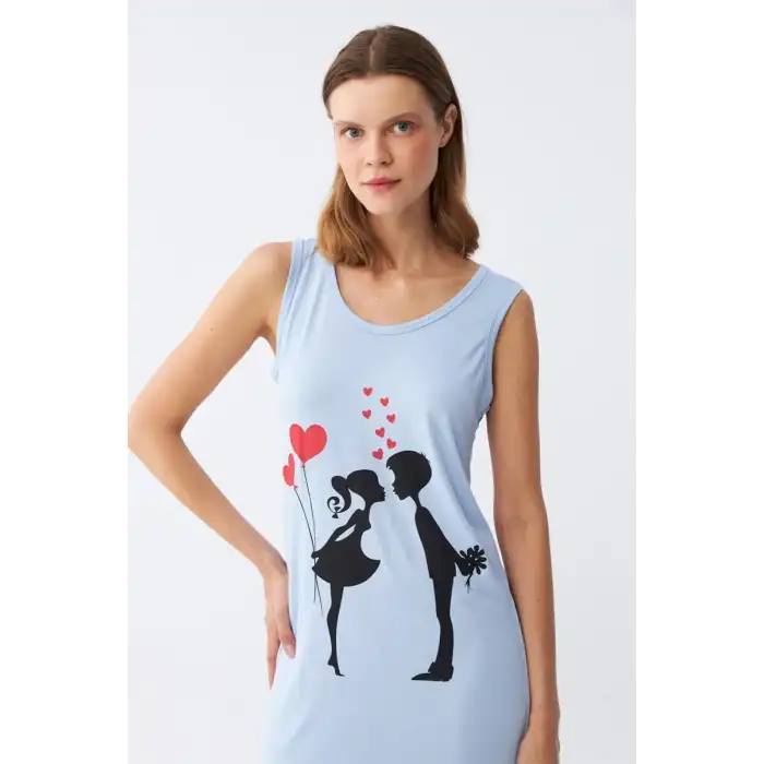 Kadın Kalın Askılı Penye Diz Üstü Mavi Gecelik