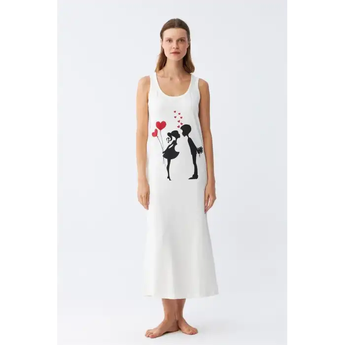 Kadın Kalın Askılı Penye Uzun Ekru Gecelik