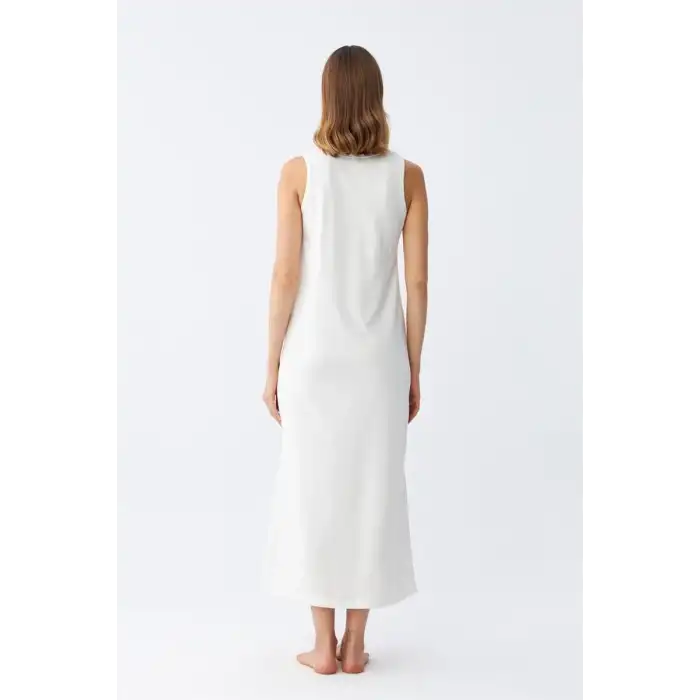 Kadın Kalın Askılı Penye Uzun Ekru Gecelik