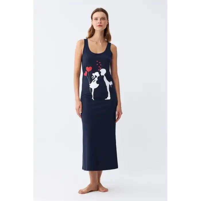 Kadın Kalın Askılı Penye Uzun Lacivert Gecelik