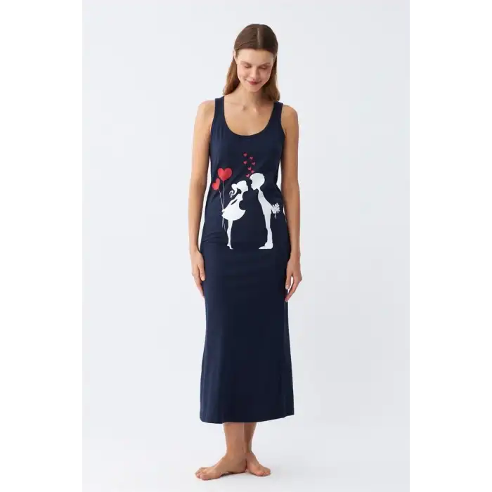 Kadın Kalın Askılı Penye Uzun Lacivert Gecelik