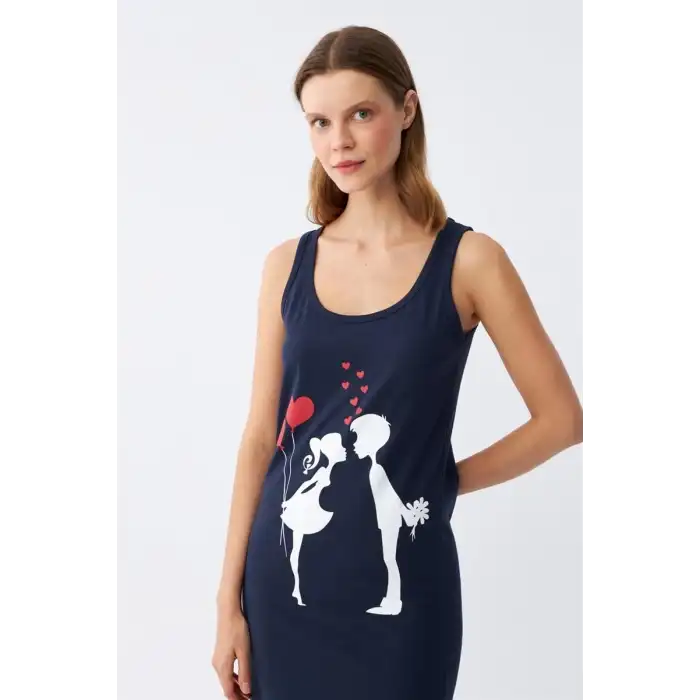 Kadın Kalın Askılı Penye Uzun Lacivert Gecelik