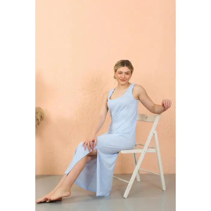 Kadın Kalın Askılı Yırtmaçlı Uzun Gecelik