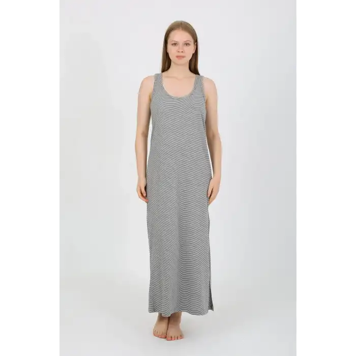 Kadın Kalın Askılı Yırtmaçlı Uzun Gri Gecelik