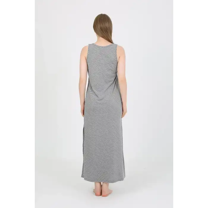 Kadın Kalın Askılı Yırtmaçlı Uzun Gri Gecelik