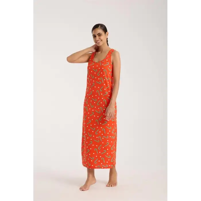 Kadın Kalın Askılı Yırtmaçlı Uzun Turuncu Gecelik