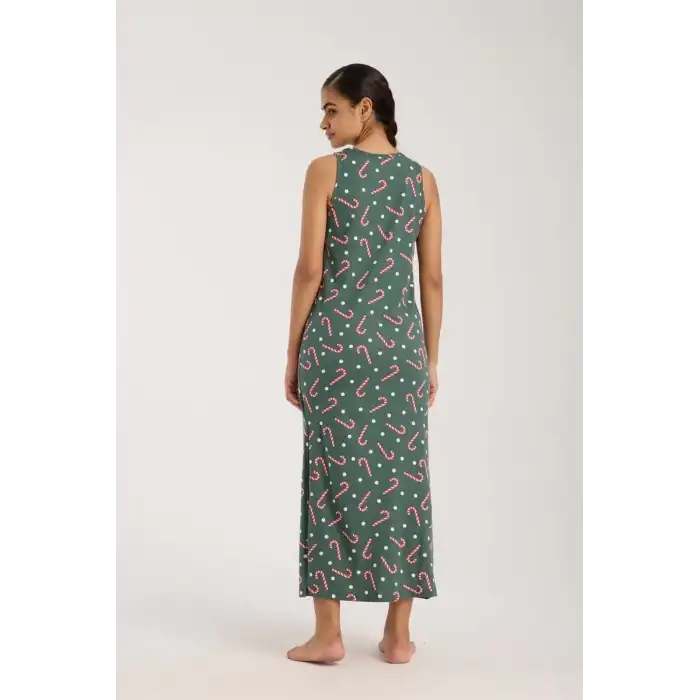 Kadın Kalın Askılı Yırtmaçlı Uzun Yeşil Gecelik