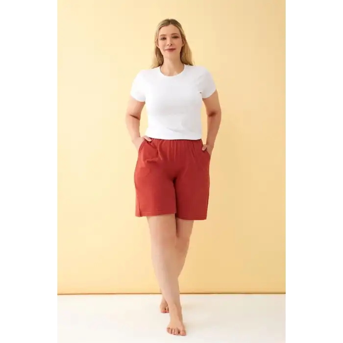 Kadın Kiremit Rengi Rahat Kalıp Cepli Şort