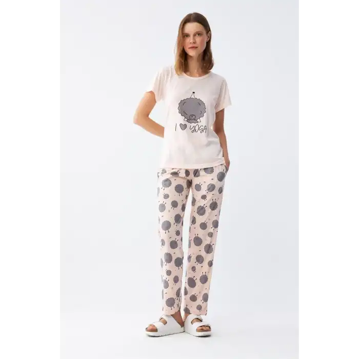 Kadın Kısa Kol Pijama Takım Pudra