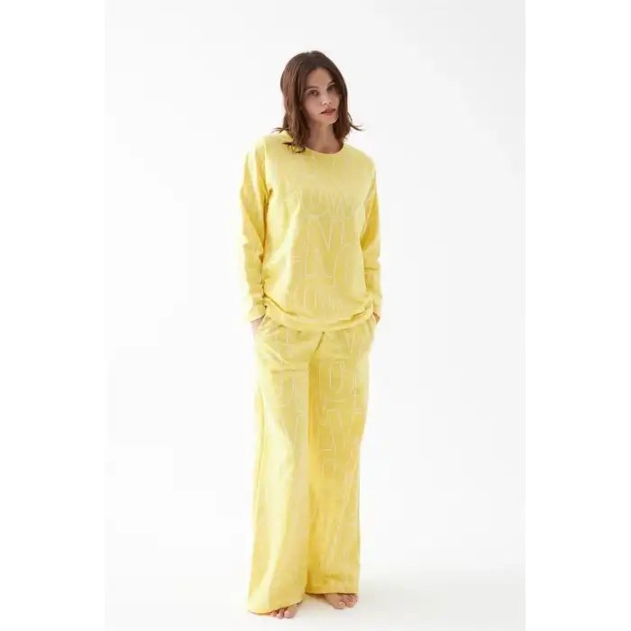 Kadın Oversize Sarı Desenli Pamuklu Kalın Pijama Takımı