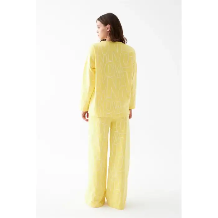 Kadın Oversize Sarı Desenli Pamuklu Kalın Pijama Takımı