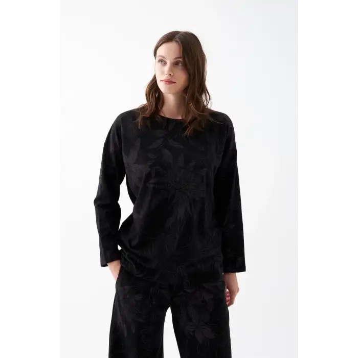 Kadın Oversize Siyah Çiçek Desenli Pamuklu Kalın Pijama Takımı