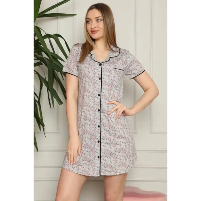 Kadın Pamuklu Önden Düğmeli Gecelik Gri