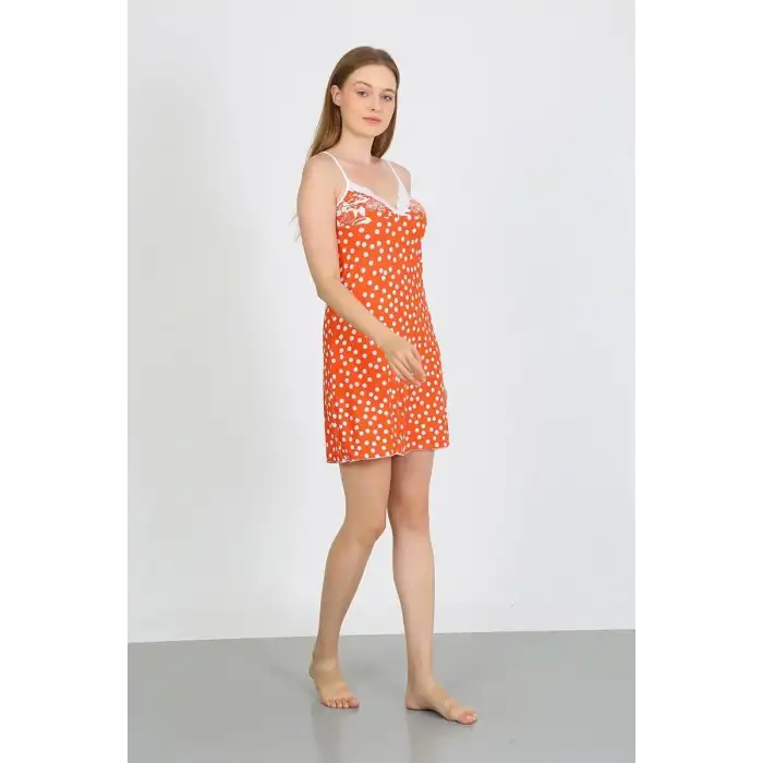 Kadın Penye İp Askılı Beyaz Puantiyeli Gecelik Turuncu