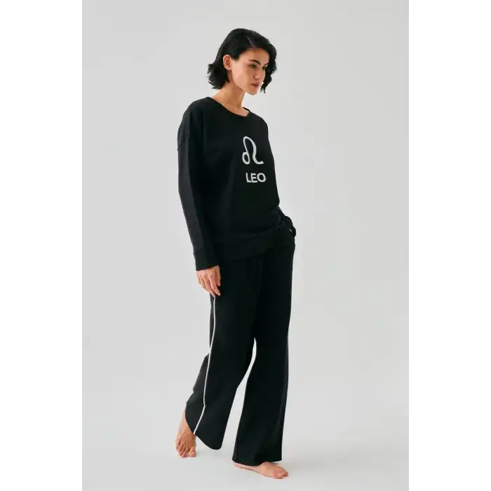 Kadın Siyah Aslan Burcu Oversize 2 İplik Eşofman Ev Giyim Takımı