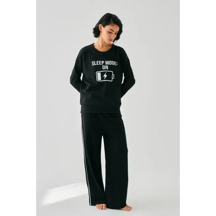 Kadın Siyah Sleep Mode ON Oversize 2 İplik Eşofman Ev Giyim Takımı