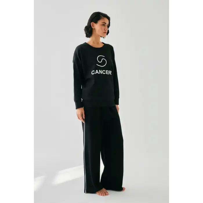Kadın Siyah Yengeç Burcu Oversize 2 İplik Eşofman Ev Giyim Takımı