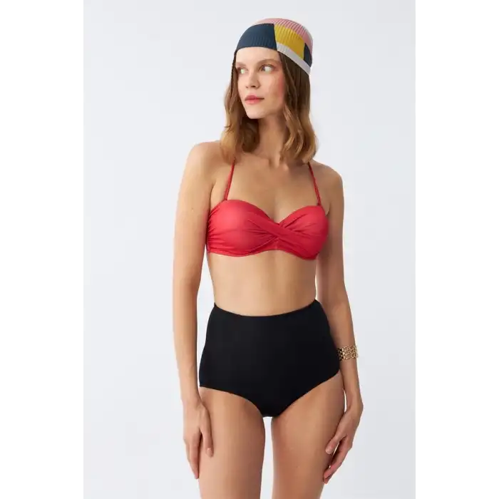 Kadın Straplez Kırmızı Yüksek Bel Bikini Takımı