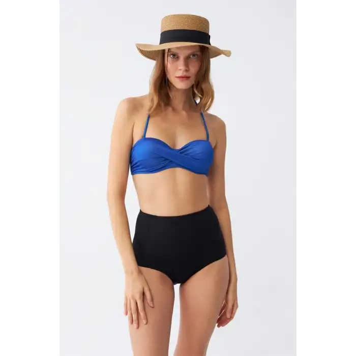 Kadın Straplez Mavi Yüksek Bel Bikini Takımı