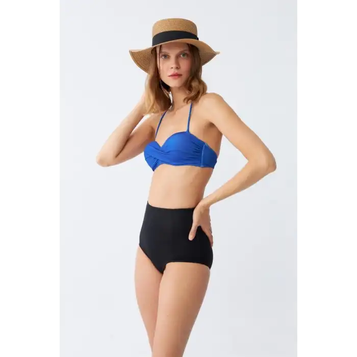 Kadın Straplez Mavi Yüksek Bel Bikini Takımı