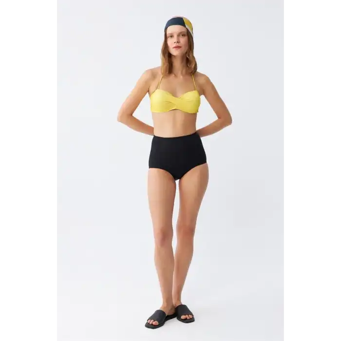 Kadın Straplez Sarı Yüksek Bel Bikini Takımı