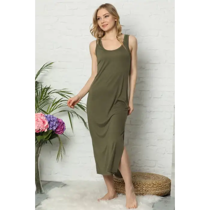 Kalın Askılı Haki Penye Uzun Gecelik