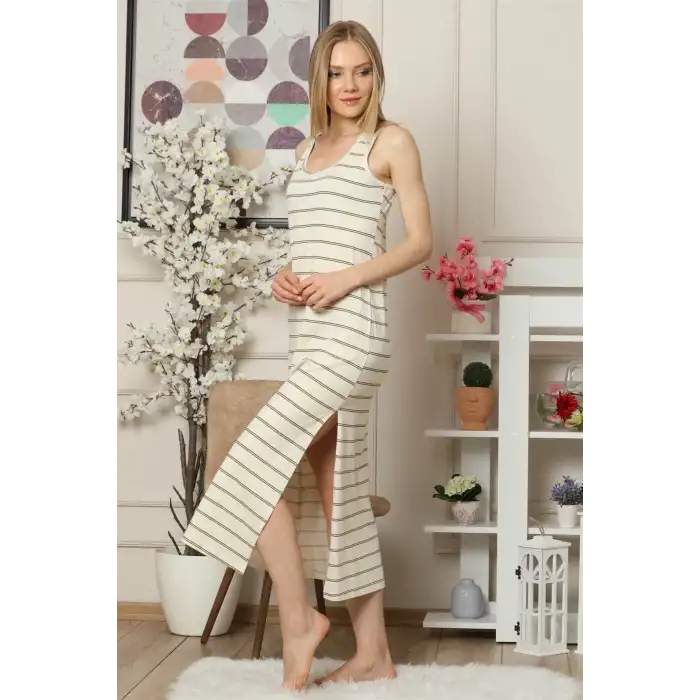 Kalın Askılı Penye Uzun Gecelik Bej