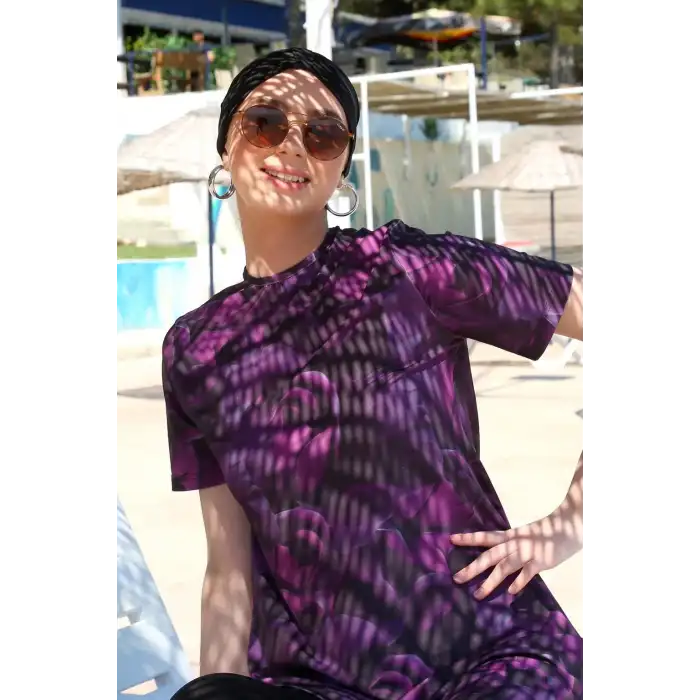 Kısa Kol Güllü Yarım Tesettür Mayo Mor