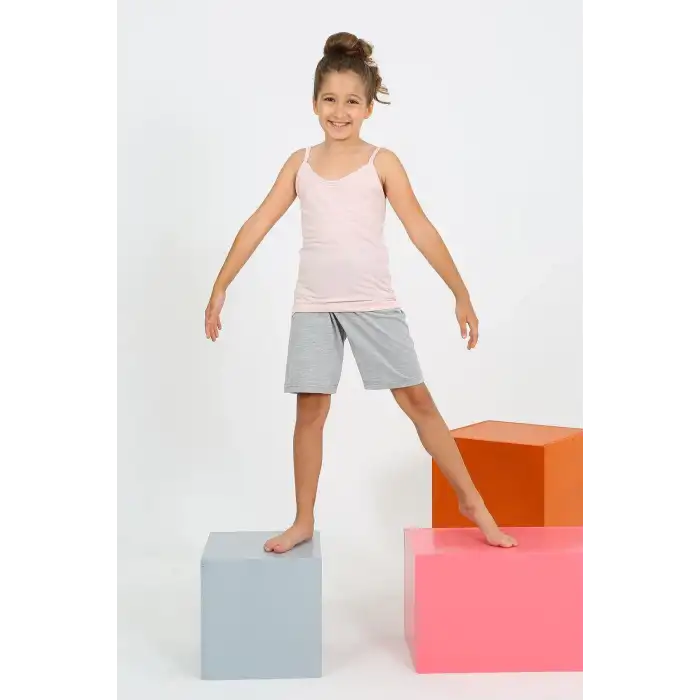 Kız Çocuk İp Askılı Şortlu Penye Pembe Pijama Takım
