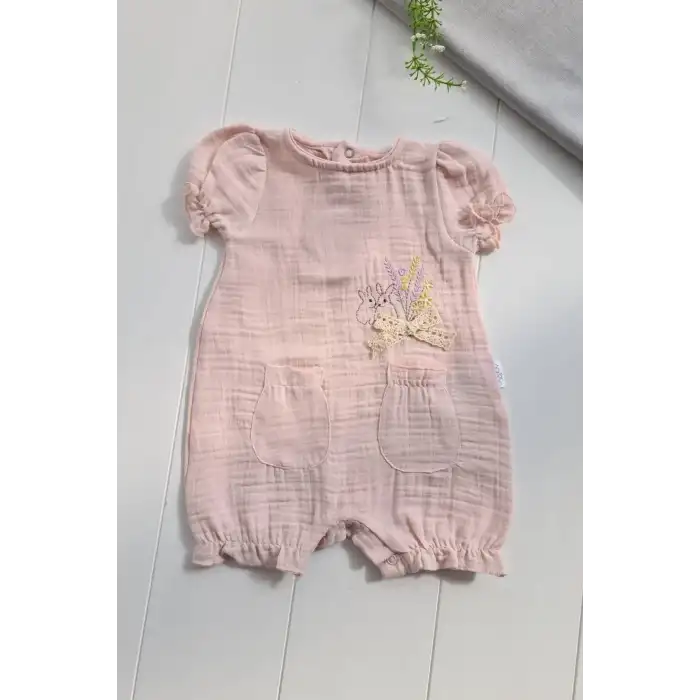 Müslin Kumaş Çiçek Nakışlı Pamuklu Kız Bebek Tulum
