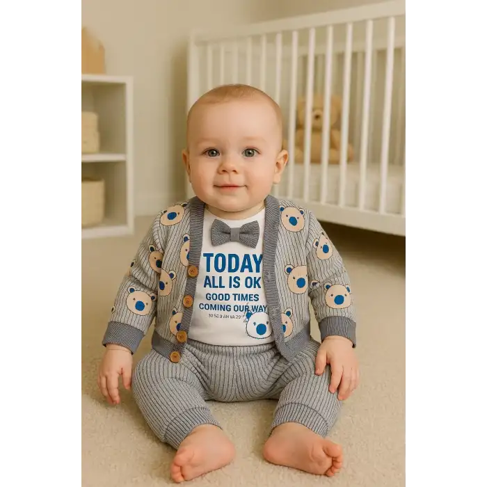 Papyonlu Bear Çizgili Model Ceketli 3lü Erkek Bebek Takımı