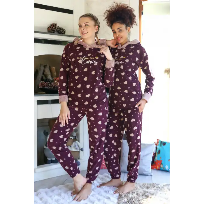 Polar Kadın Kapşonlu Pijama Takımı Bordo