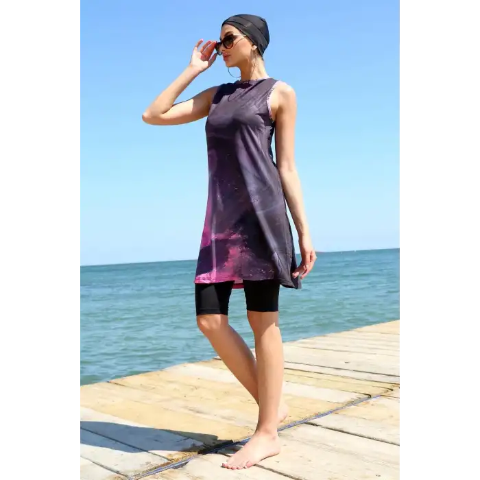 Sıfır Kol Desenli Yarım Tesettür Mayo Mor