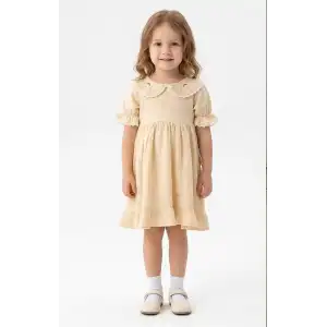 1/5 Yaş Nakışlı Bebe Yaka Keten Çocuk Elbisesi