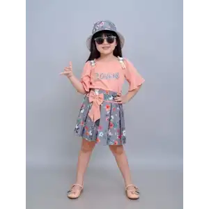 2/5 Yaş Şapkalı Çiçek Baskılı Etekli Çocuk Takımı