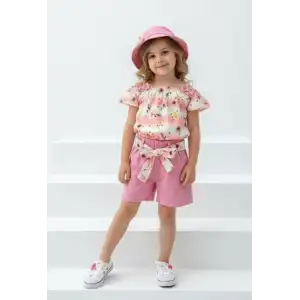 2/5 Yaş Şapkalı Çiçek Baskılı Şortlu Çocuk Takımı