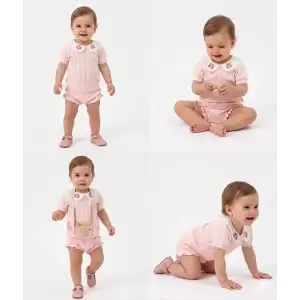 3/12 Ay Çiçekli Yaka Jakar Kumaş Şortlu Bebek Takımı