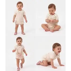 3/12 Ay Çiçekli Yaka Jakar Kumaş Şortlu Bebek Takımı